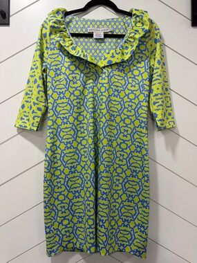 Gretchen Scott Ruffneck Rio Dress Geometric Lime & Blue Jersey Shift Small Tunic